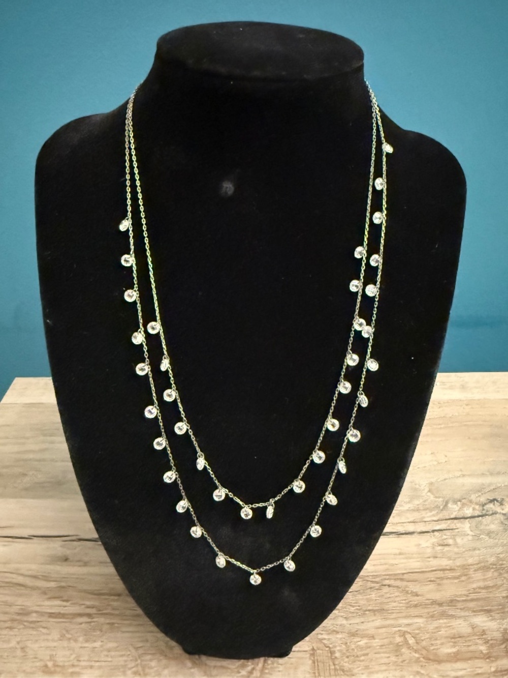 Delicate Silver Tone Clear Crystal Layered Necklace 16”